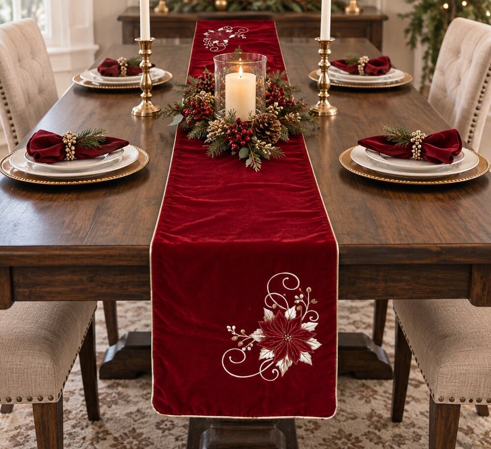 Christmas Red Velvet Table Runner Poinsettia Gold Embroidered Holiday Decor